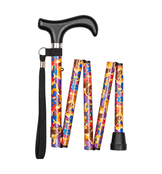 Mini Butterflies Folding Cane – adjustable aluminum – folded view on transparent background