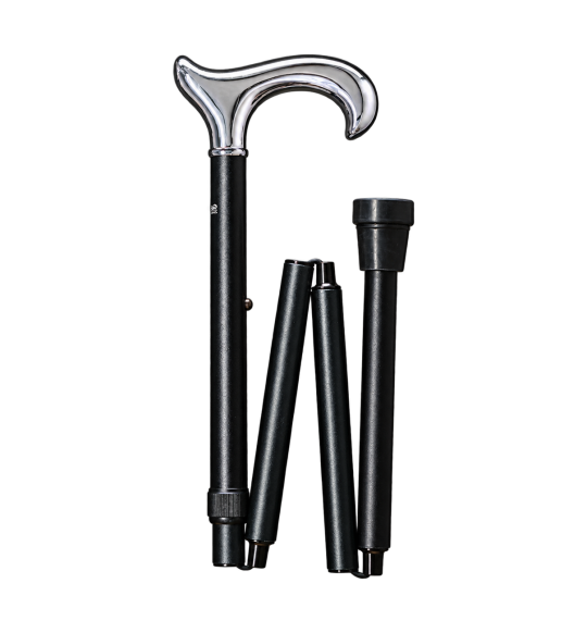 Gastrock Chrome Folding Cane – Derby Handle – folded view on transparent background