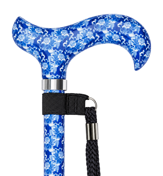 Blue floral cane with Derby handle and wrist strap on transparent background
