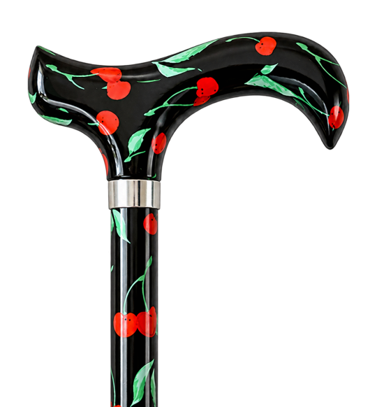 Black Cane with Cherry Pattern and Derby Handle on Transparent Background