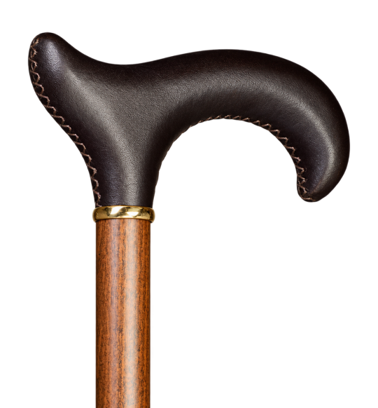 Moka leather Derby handle hand-stitched, brass ring, dark beech shaft