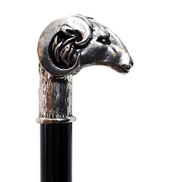 luxury ram cane with sculpted tin handle and black shaft