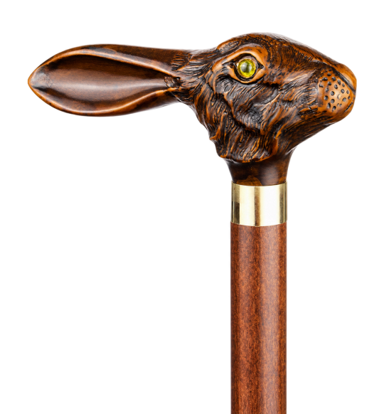 Collectible rabbit head cane with wooden shaft on transparent background