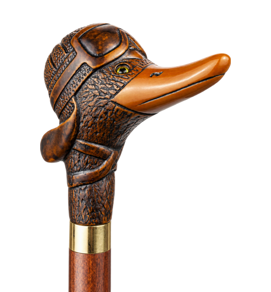collectible pilot duck cane with wooden shaft on transparent background