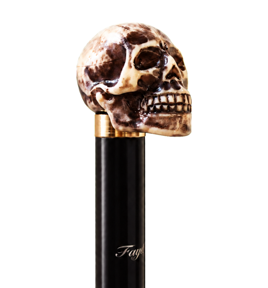 Fayet 2292 skull head cane, resin bone imitation knob seen from three quarters and black shaft