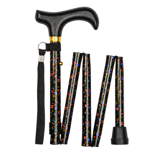 Charles Buyers Mini Black Folding Cane with Flowers – Transparent Background