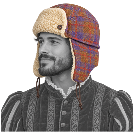 Mylo Purple Dasmarca Earflap Hat in Wool Tweed – Pencil Sketch Portrait, Renaissance Character