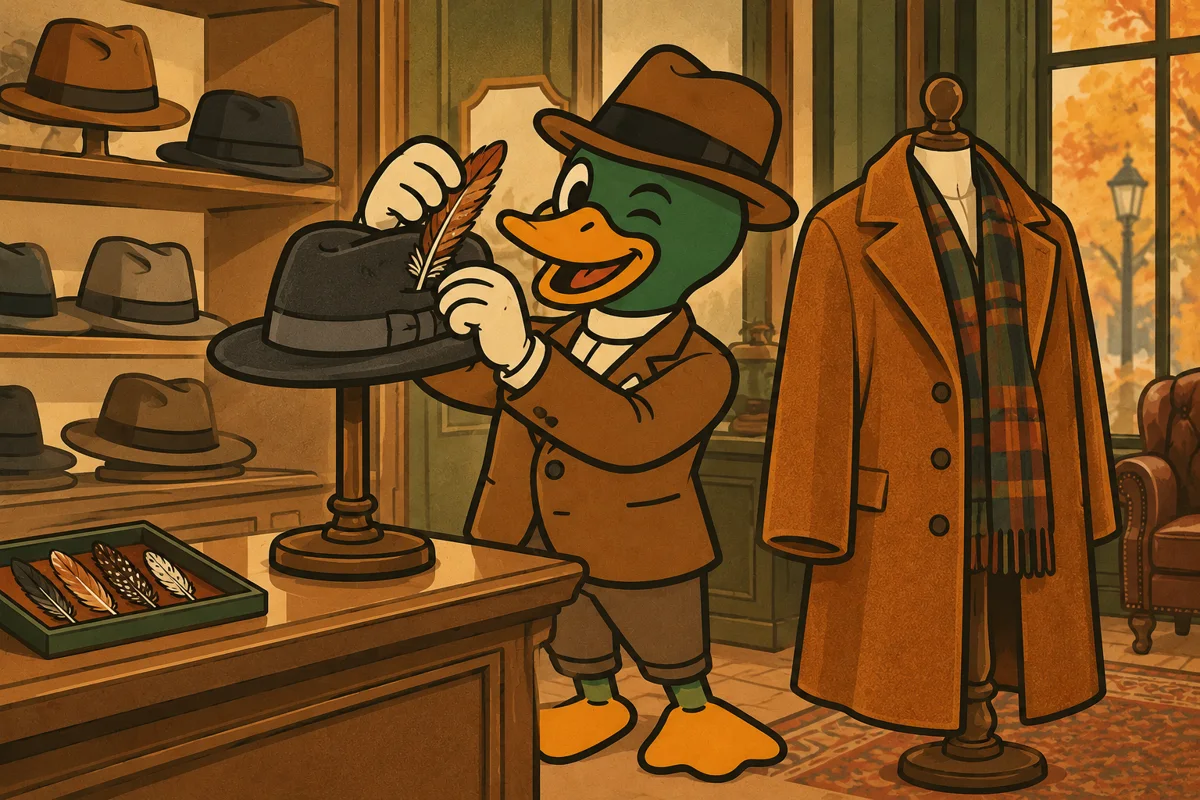 The Mistercanne mascot puts together an outfit with a hat with a feather and a coat