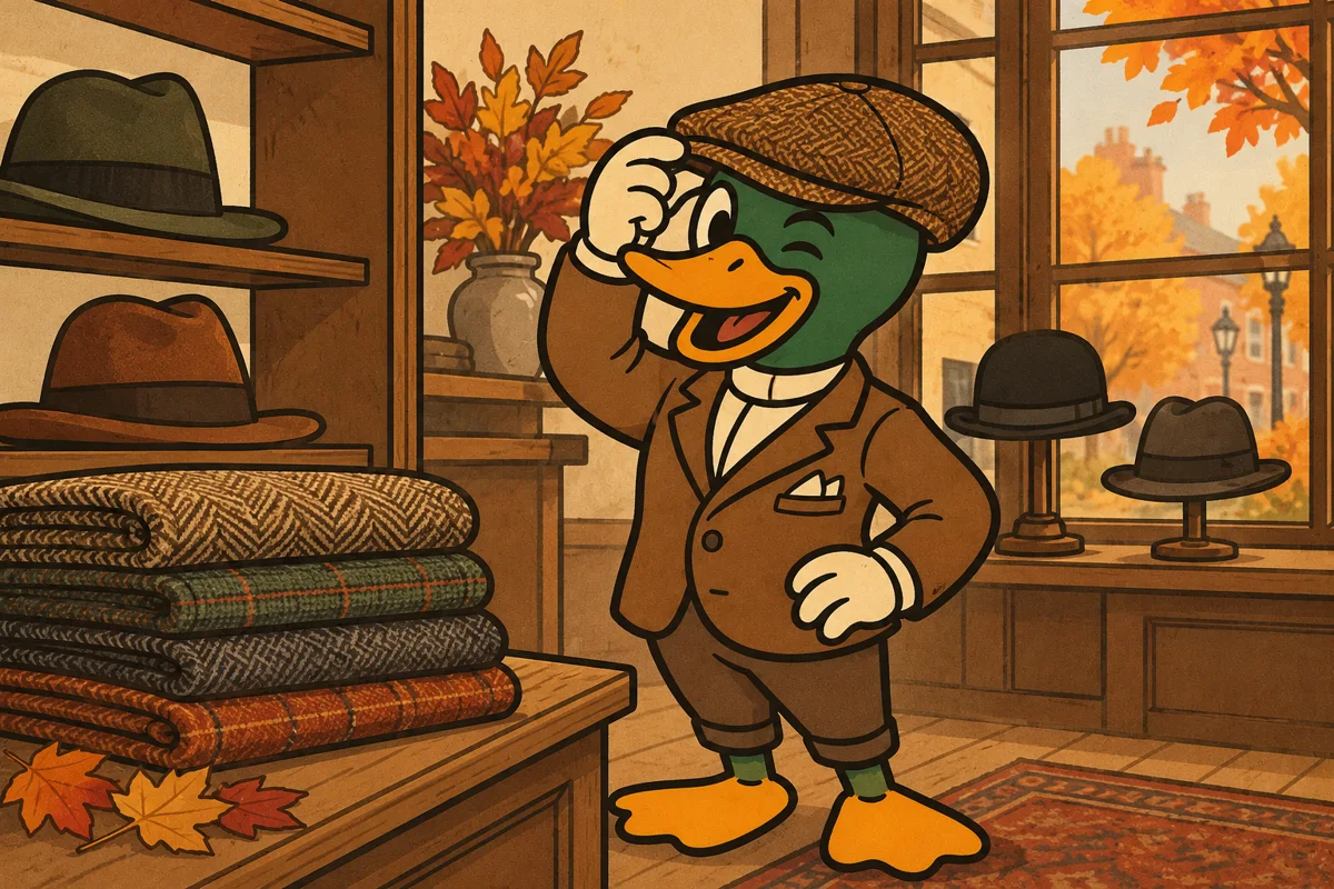 Mascot Mistercanne tries on a flat cap in a shop decorated with fall colors
