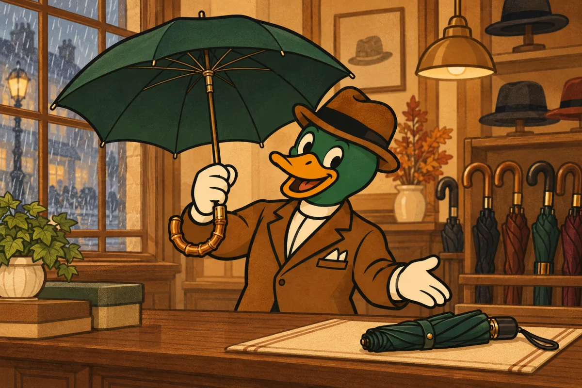The Mistercanne mascot presents an umbrella with bamboo handle in his shop